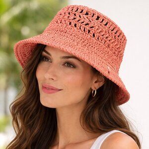 NWT Aerie Coral Straw Bucket Hat Boho Summer Sun Hat